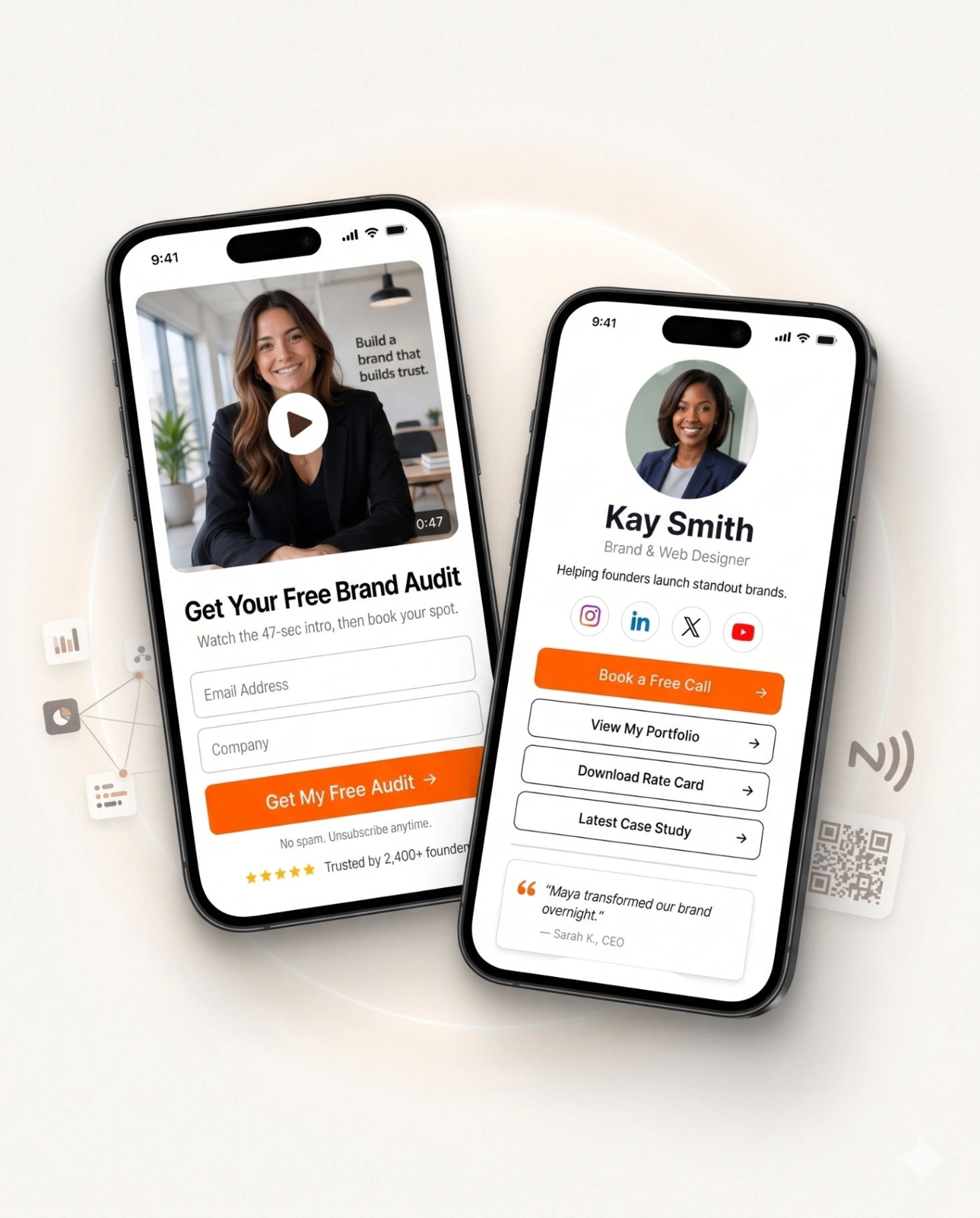 Taapfolio profile and lead capture pages shown on two iPhones