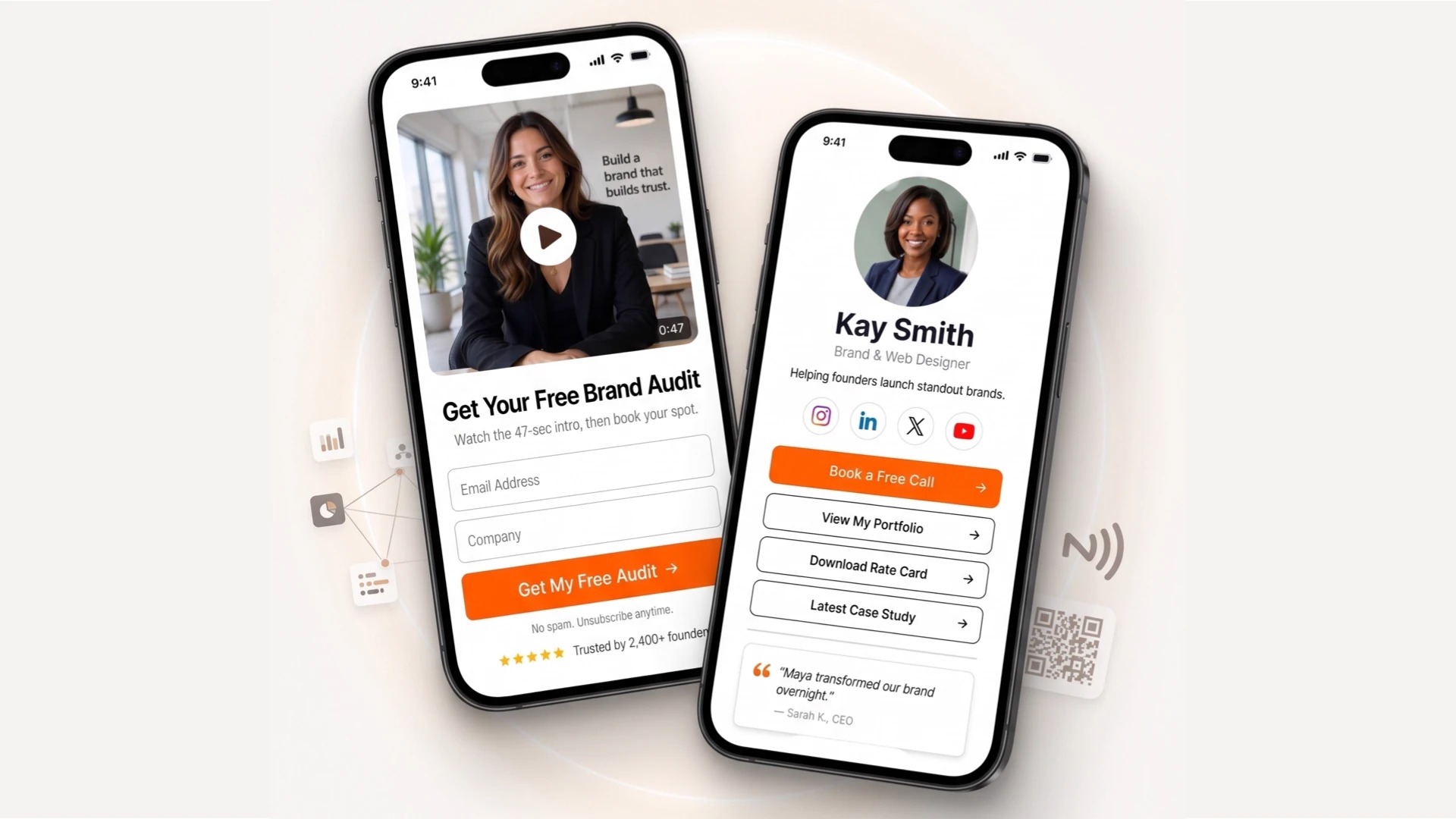 Taapfolio profile and lead capture pages shown on two iPhones
